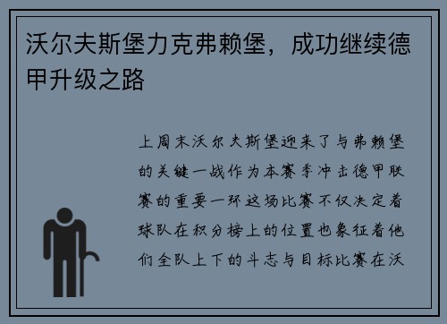 沃尔夫斯堡力克弗赖堡，成功继续德甲升级之路